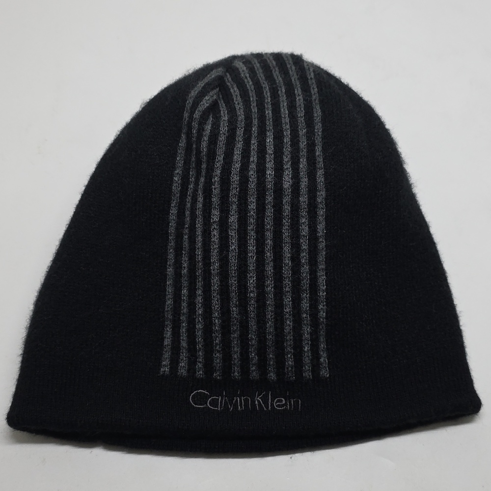 Calvin Klein Black w/ Gray Stripes Knit Beanie Hat